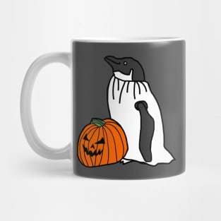 Penguin in Pumpkin Ghost Costume for Halloween Horror Mug
